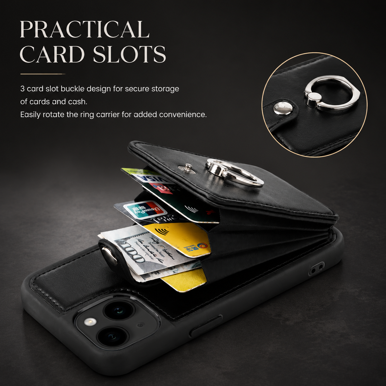 Premium iPhone Case Wallet MagSafe Compatible Leather Vertical Card Holder Ring Stand Cover Protection