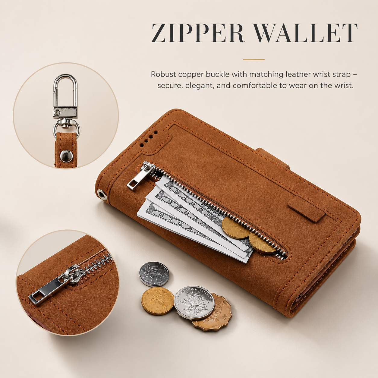 Premium iPhone Case Wallet MagSafe Compatible Leather Zipper Cover Card Holder Stand Strap Protection