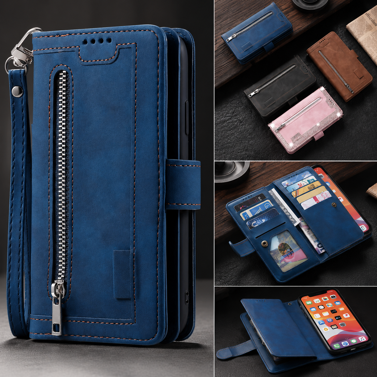 Premium iPhone Case Wallet MagSafe Compatible Leather Zipper Cover Card Holder Stand Strap Protection