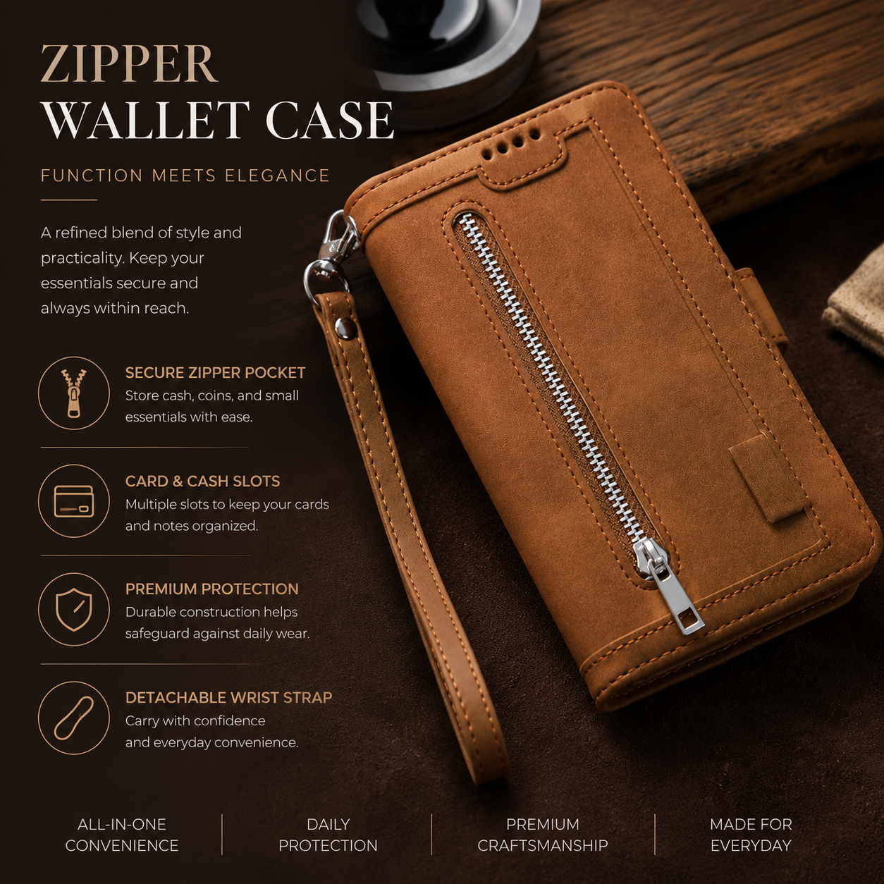 Premium iPhone Case Wallet MagSafe Compatible Leather Zipper Cover Card Holder Stand Strap Protection