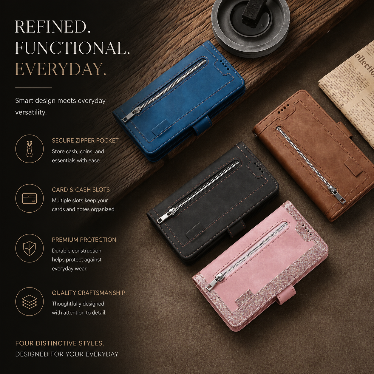 Premium iPhone Case Wallet MagSafe Compatible Leather Zipper Cover Card Holder Stand Strap Protection