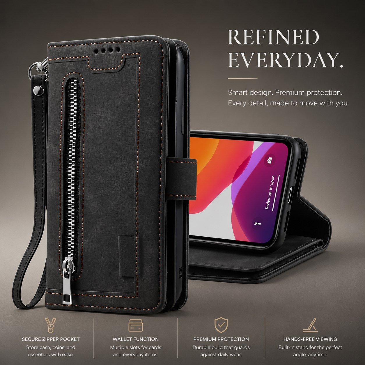Premium iPhone Case Wallet MagSafe Compatible Leather Zipper Cover Card Holder Stand Strap Protection