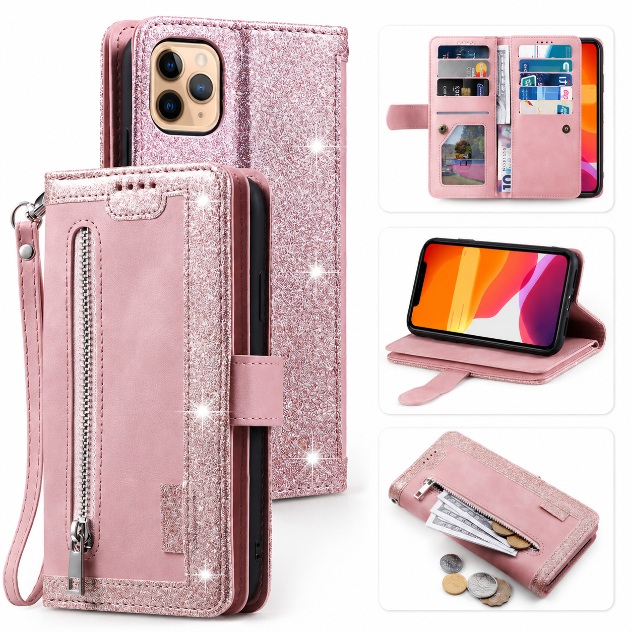 Premium iPhone Case Wallet MagSafe Compatible Leather Zipper Cover Card Holder Stand Strap Protection