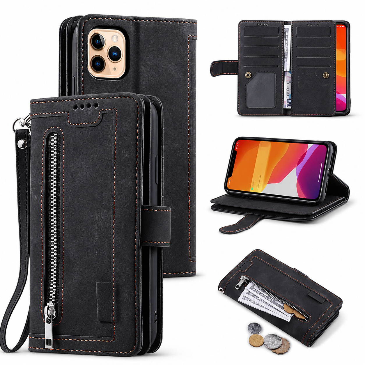 Premium iPhone Case Wallet MagSafe Compatible Leather Zipper Cover Card Holder Stand Strap Protection