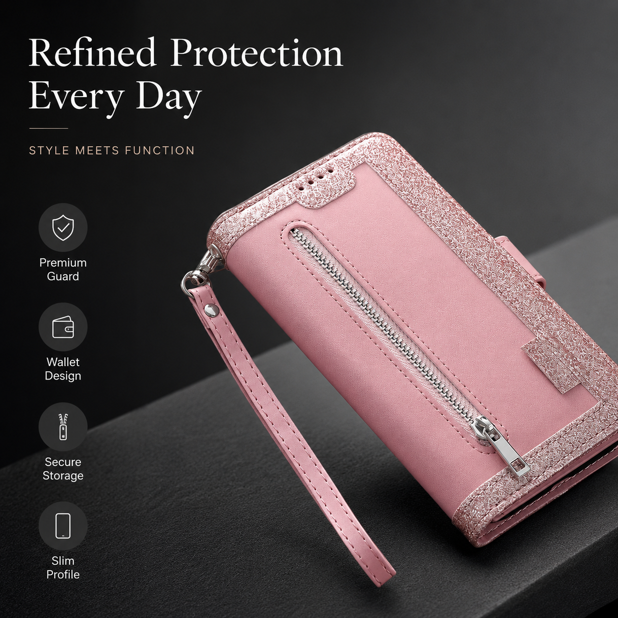 Premium iPhone Case Wallet MagSafe Compatible Leather Zipper Cover Card Holder Stand Strap Protection