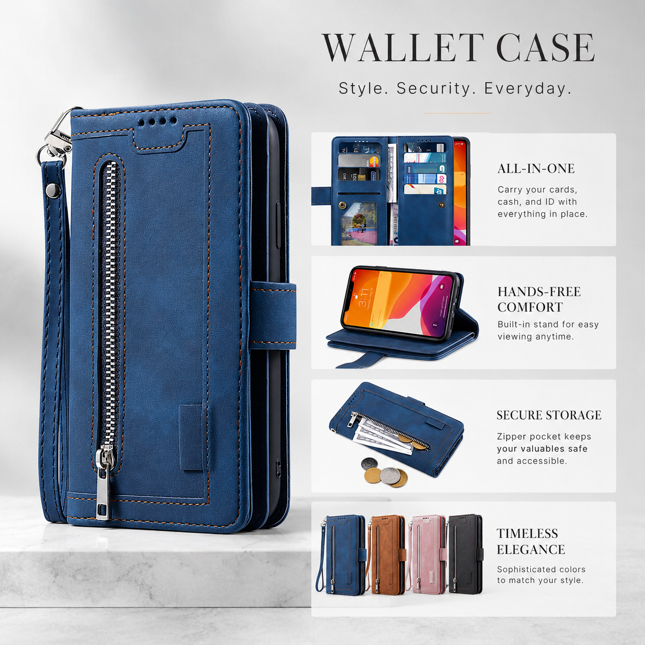 Premium iPhone Case Wallet MagSafe Compatible Leather Zipper Cover Card Holder Stand Strap Protection