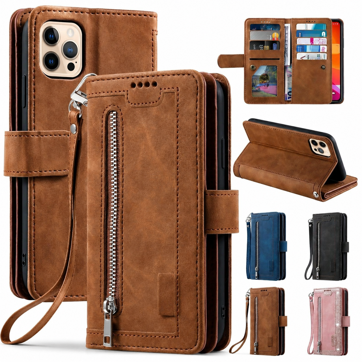 Premium iPhone Case Wallet MagSafe Compatible Leather Zipper Cover Card Holder Stand Strap Protection