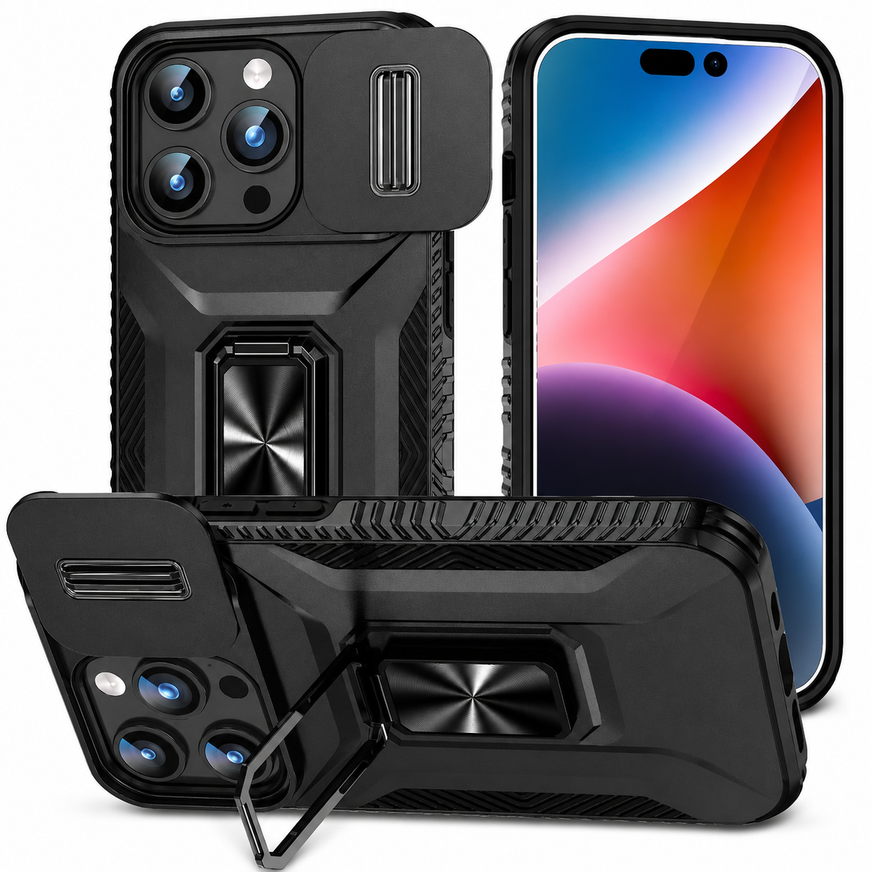 Premium iPhone Case Military Grade Shockproof Anti Slip Cover with Slide Camera Lens Protection Rotary Stand Heavy Duty Protective Design