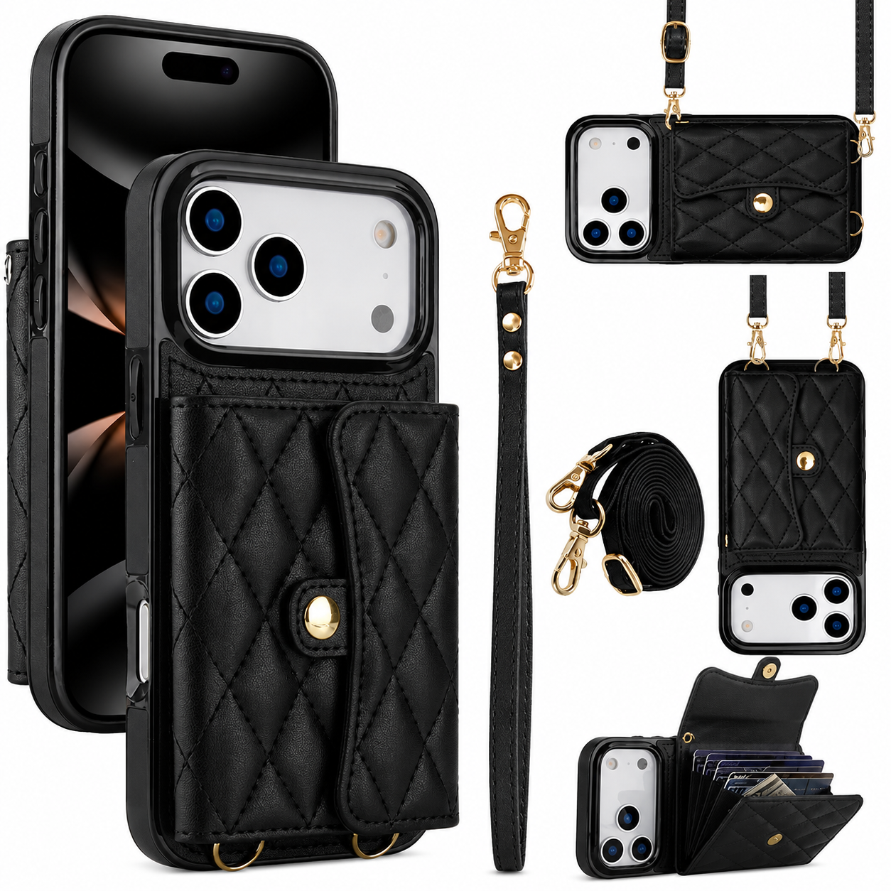 Premium iPhone Case Crossbody Leather Wallet Cover Wrist Shoulder Strap Card Coin Storage Shockproof Protection