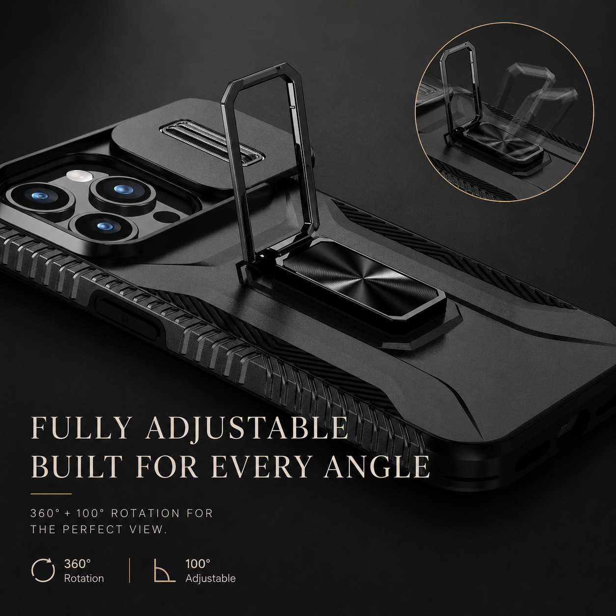 Premium iPhone Case Military Grade Shockproof Anti Slip Cover with Slide Camera Lens Protection Rotary Stand Heavy Duty Protective Design