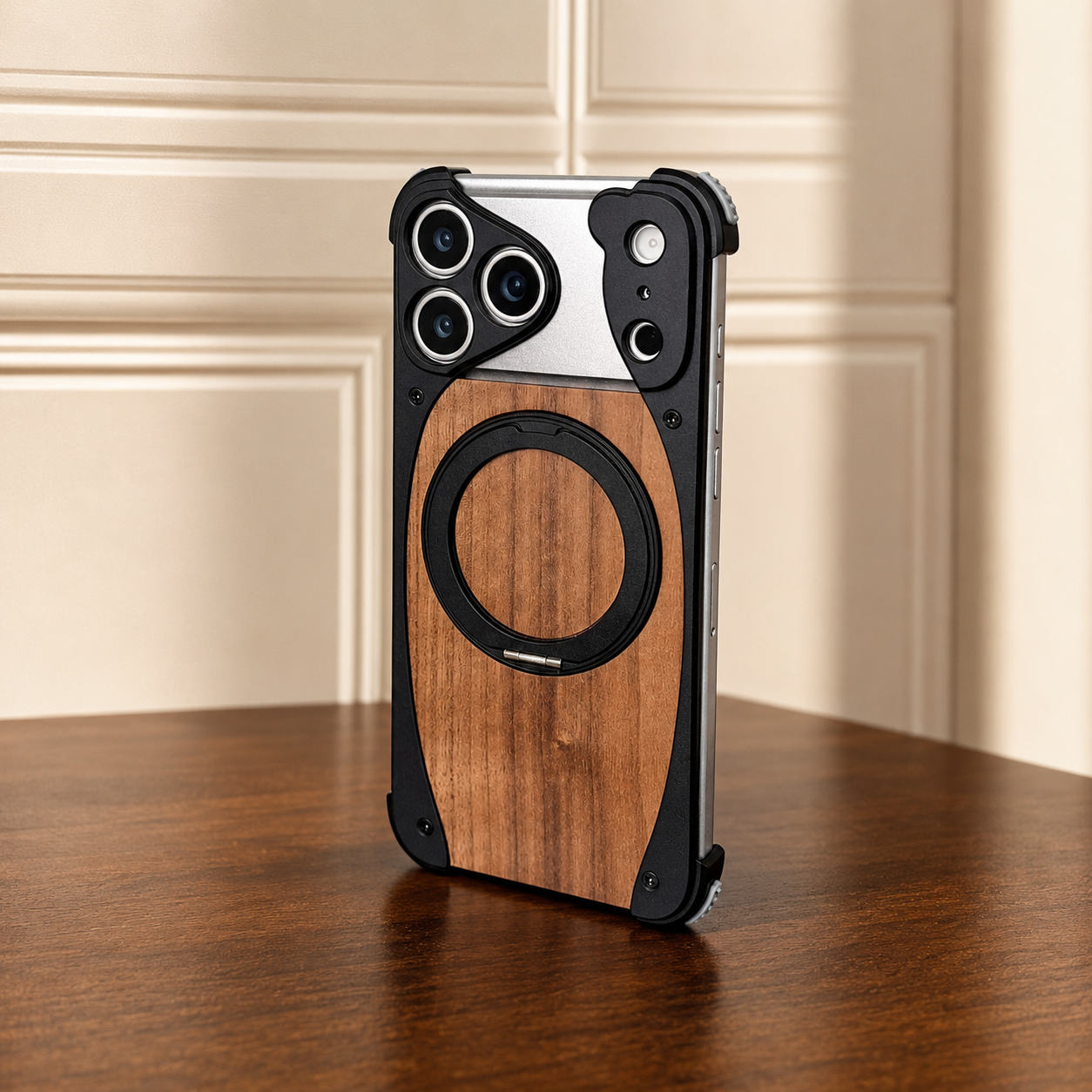 Premium iPhone Case Walnut Wood Metal Frame Cover MagSafe Compatible Rotating Ring Stand Shockproof Luxury Protective Case
