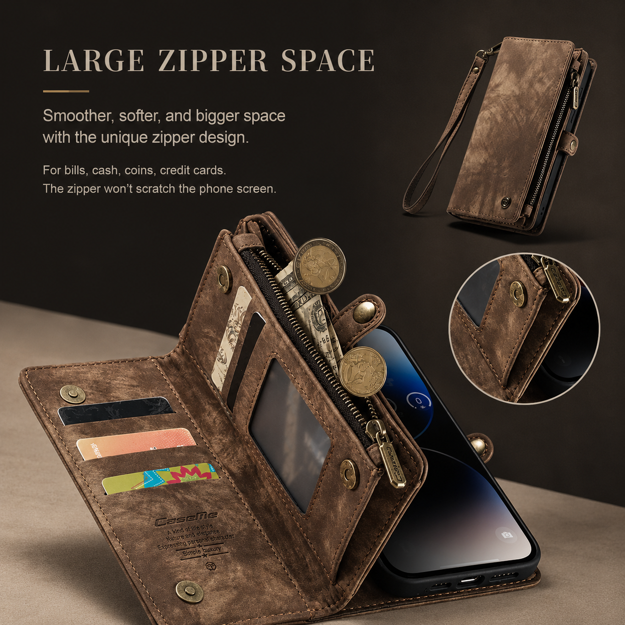 Premium iPhone Case Removable Magnetic Wallet Cover Metal Zipper 8 Slot Card Purse Leather Protection
