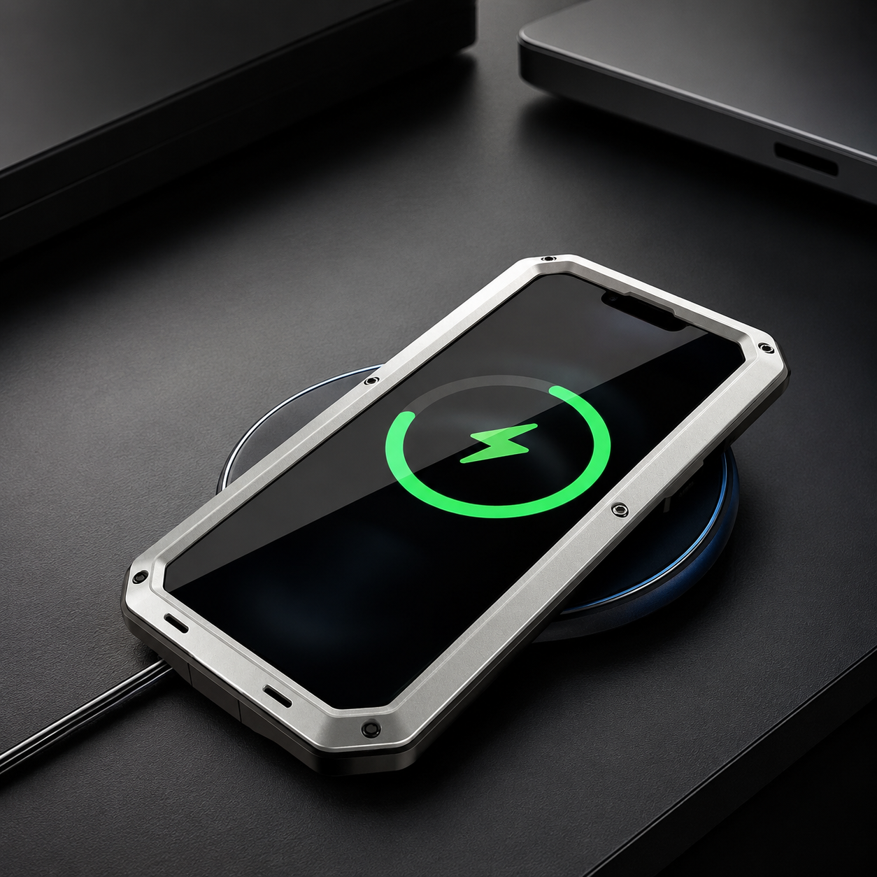 Premium iPhone Case Heavy Duty Metal Protective Cover with Built In Glass Screen Protector Shockproof TPU PC Rugged Design