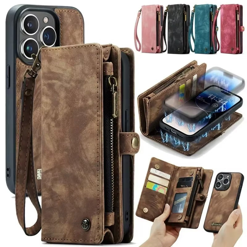 Premium iPhone Case Removable Magnetic Wallet Cover Metal Zipper 8 Slot Card Purse Leather Protection