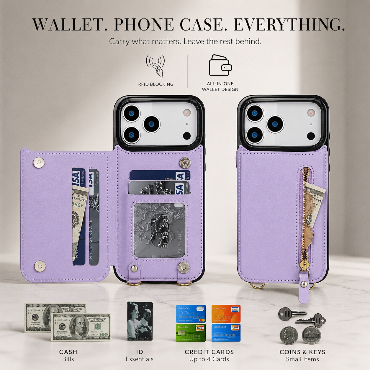 Premium iPhone Case Crossbody Leather RFID Wallet Cover with Zipper Card Slot Lanyard Strap Shockproof Anti Fingerprint Protective Design