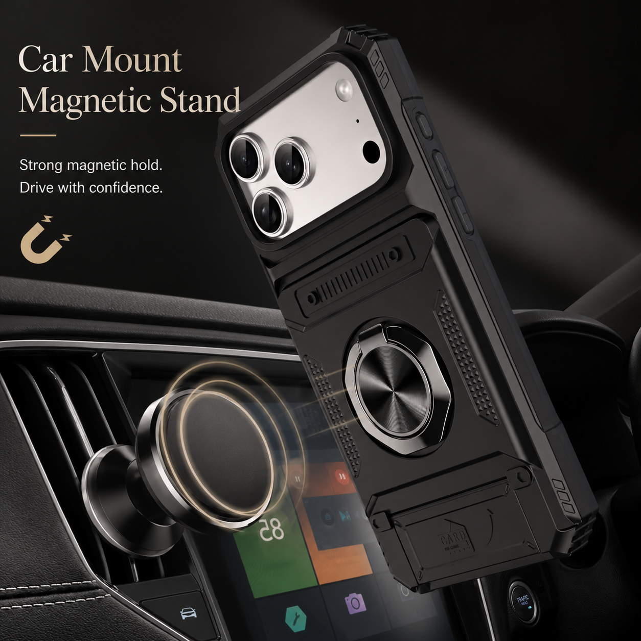Premium iPhone Case Magnetic Wallet Cover Rotating Ring Kickstand Heavy Duty Drop Protection Case