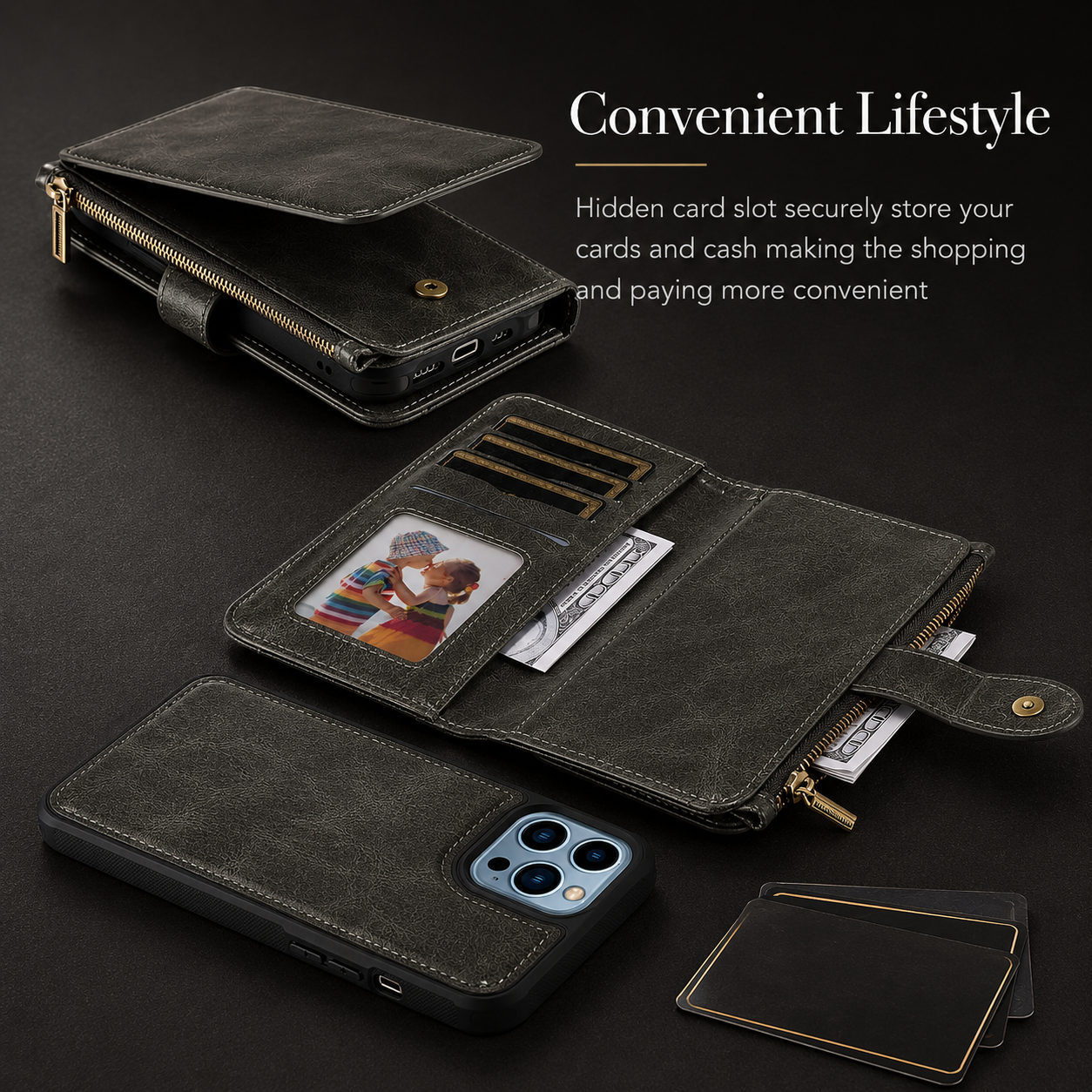 Premium iPhone Case Detachable Retro PU Leather Zipper Wallet Cover Card Slots Shockproof Protection