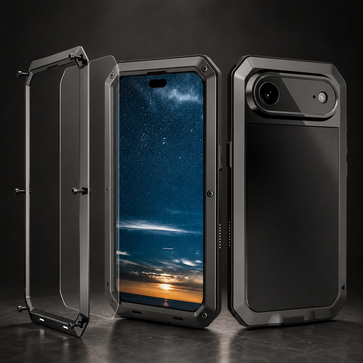 Premium iPhone Case Heavy Duty Metal Protective Cover with Built In Glass Screen Protector Shockproof TPU PC Rugged Design