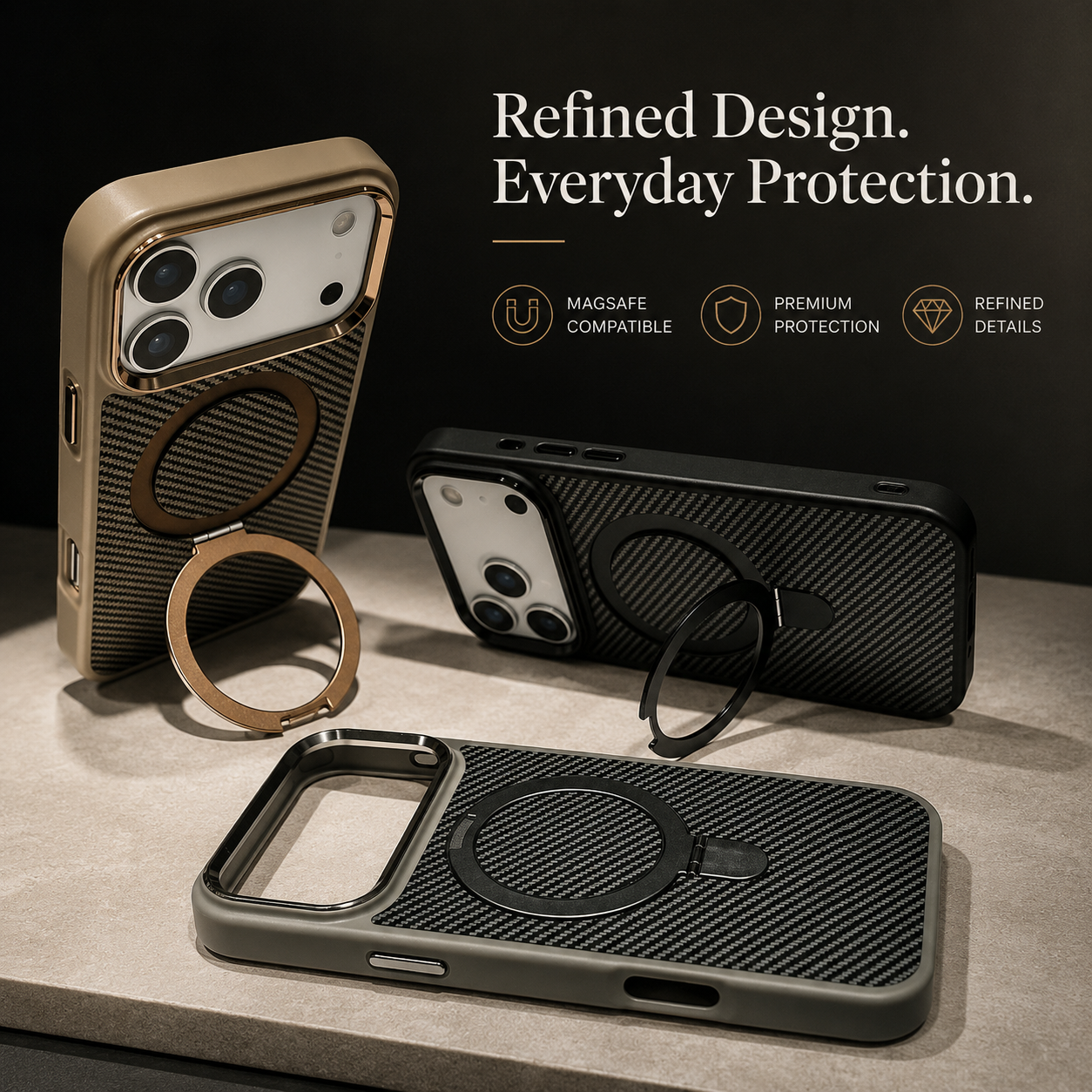 Premium iPhone Case Carbon Fiber Texture Magnetic Stand Holder Cover Shockproof Anti Fingerprint Protection