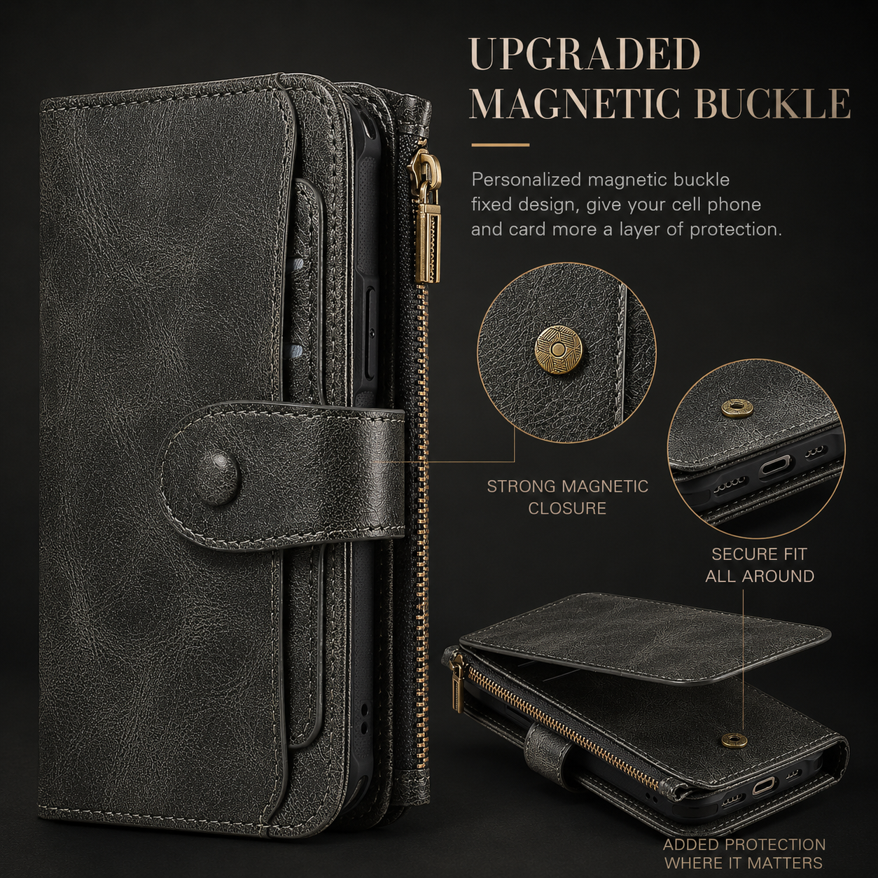 Premium iPhone Case Detachable Retro PU Leather Zipper Wallet Cover Card Slots Shockproof Protection