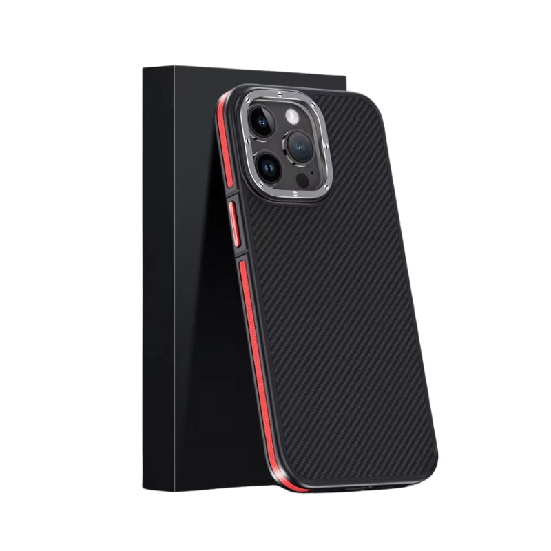 Premium iPhone Case 600D Kevlar Series Magnetic Cover with Metal Camera Ring Half Wrapped Dual Layer Carbon Fiber Protective Design