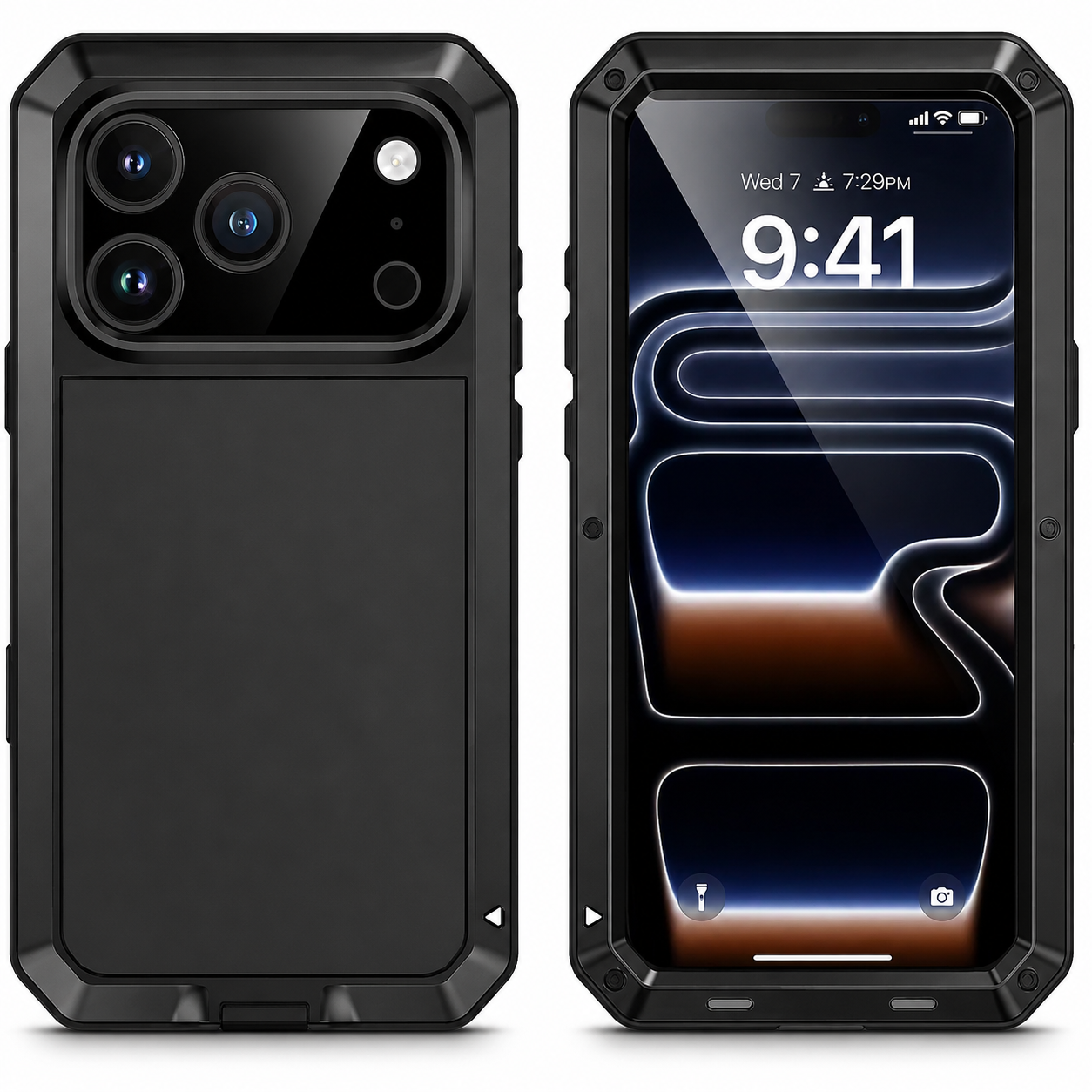 Premium iPhone Case Heavy Duty Metal Protective Cover with Built In Glass Screen Protector Shockproof TPU PC Rugged Design