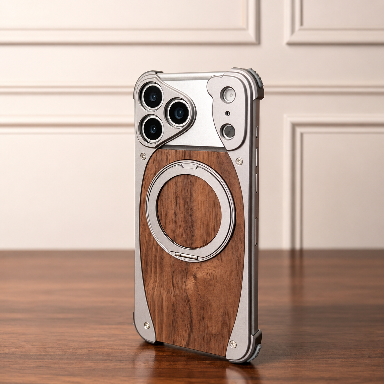 Premium iPhone Case Walnut Wood Metal Frame Cover MagSafe Compatible Rotating Ring Stand Shockproof Luxury Protective Case