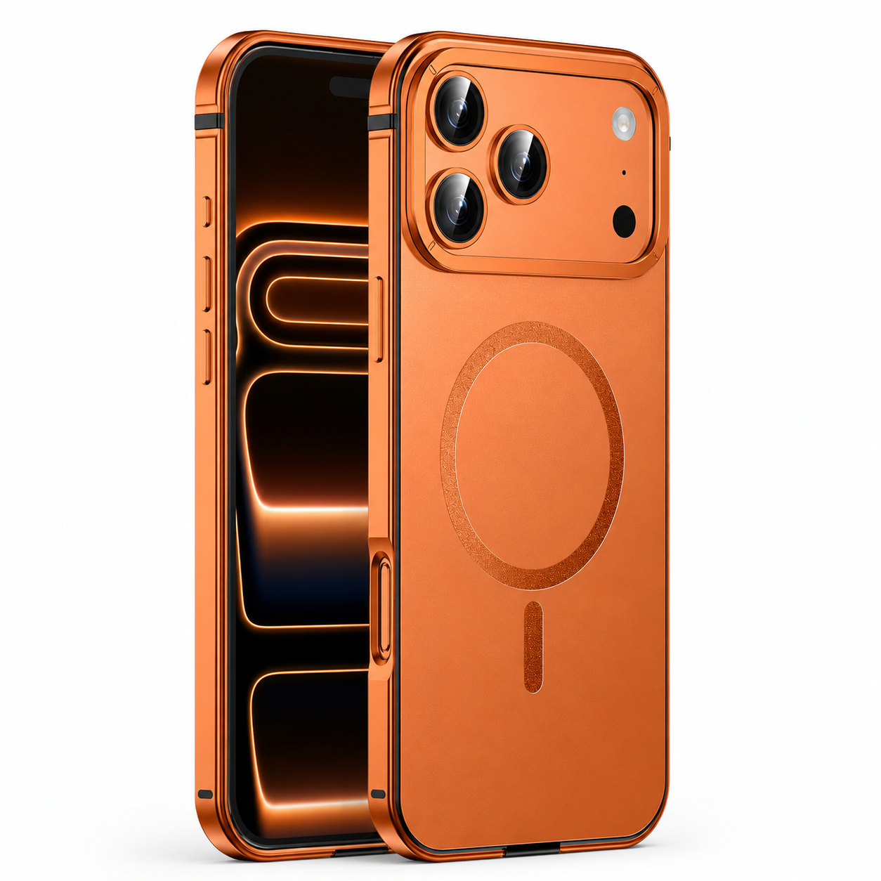 Premium iPhone Case MagSafe Compatible Orange Aluminum Metal Cover Shockproof Matte Protection