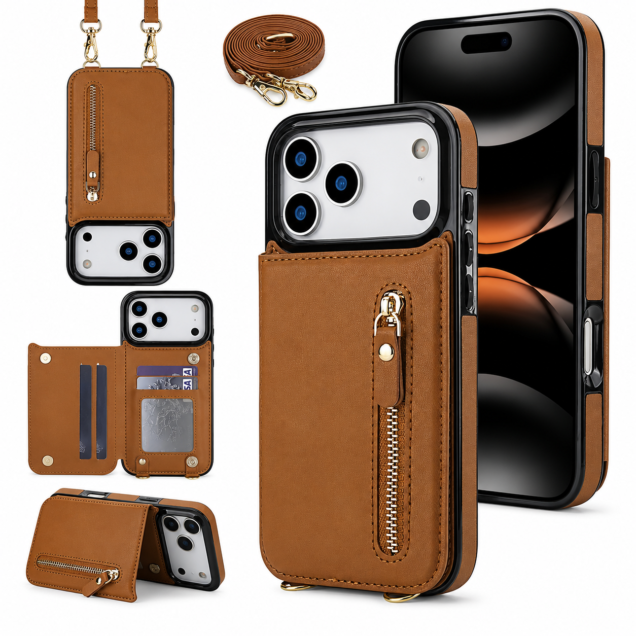 Premium iPhone Case Crossbody Leather RFID Wallet Cover with Zipper Card Slot Lanyard Strap Shockproof Anti Fingerprint Protective Design