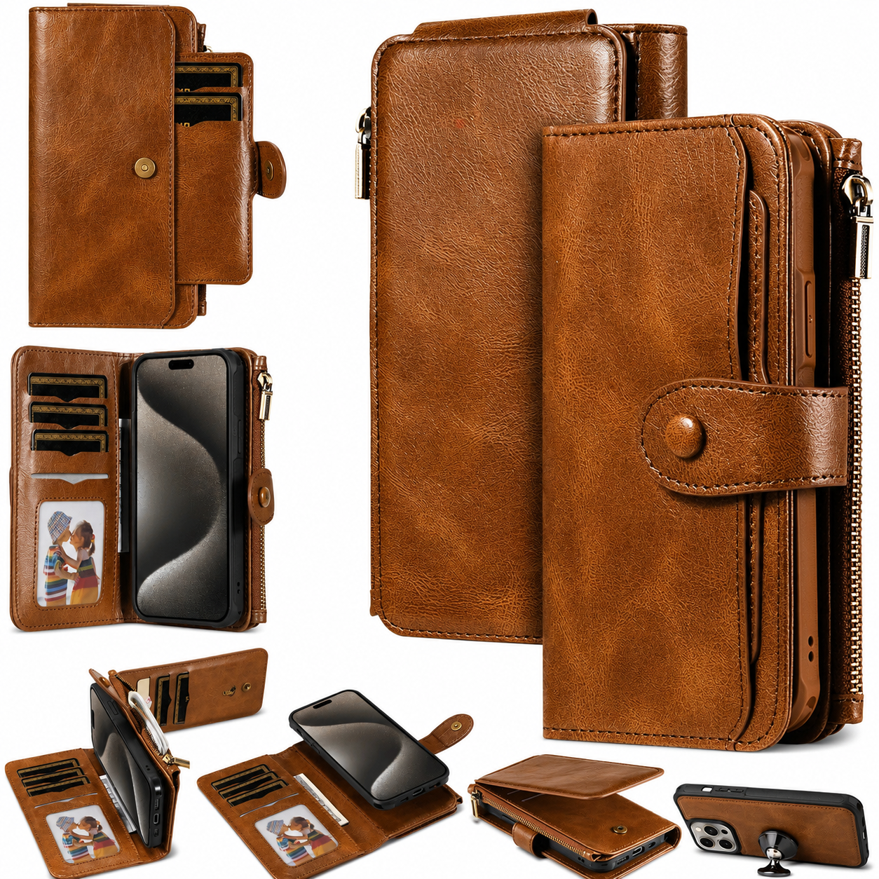 Premium iPhone Case Detachable Retro PU Leather Zipper Wallet Cover Card Slots Shockproof Protection