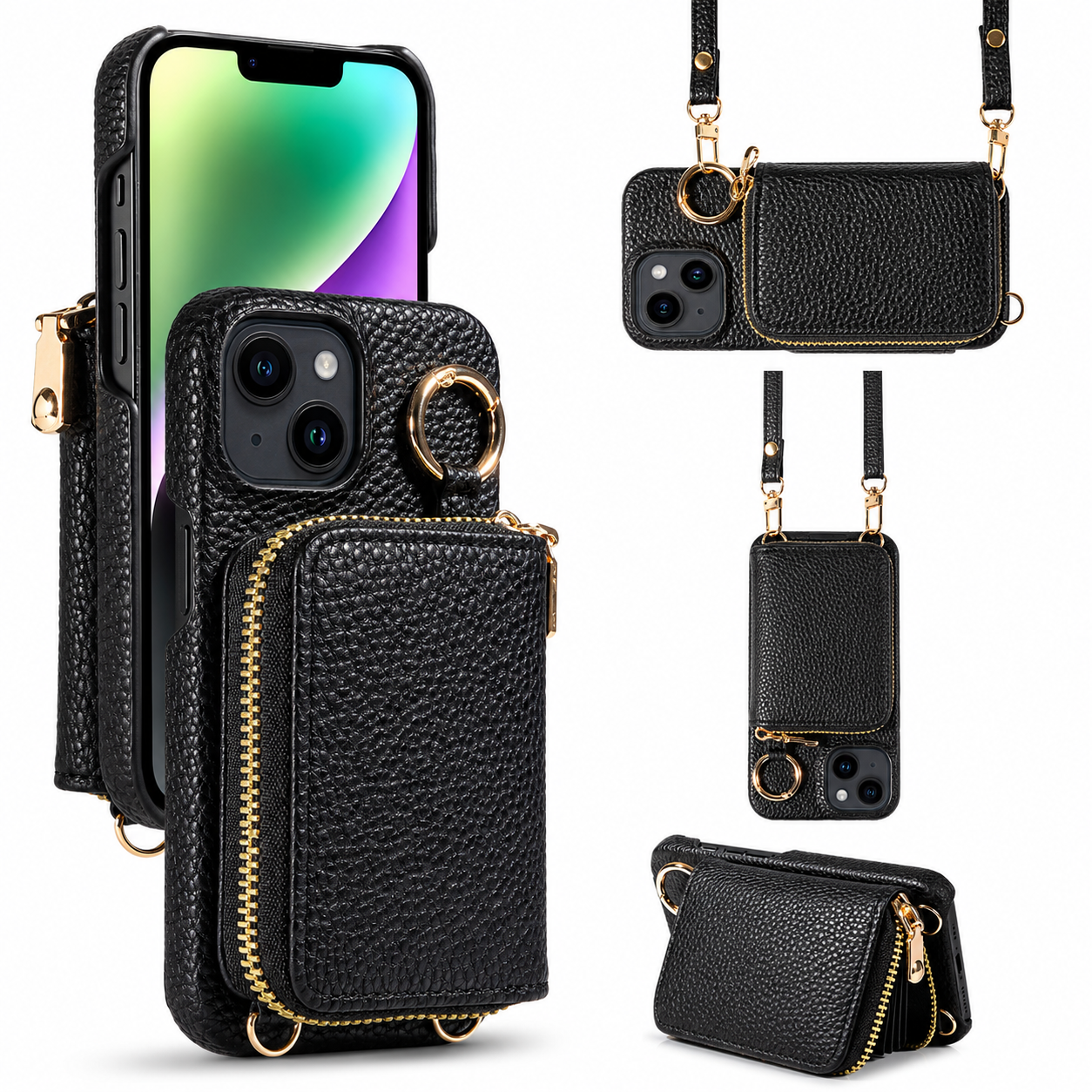 Premium iPhone Case Faux Leather Crossbody Wallet Cover Card Slots Ring Holder Shockproof Full Protection