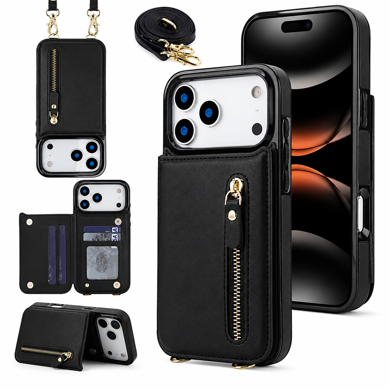 Premium iPhone Case Crossbody Leather RFID Wallet Cover with Zipper Card Slot Lanyard Strap Shockproof Anti Fingerprint Protective Design