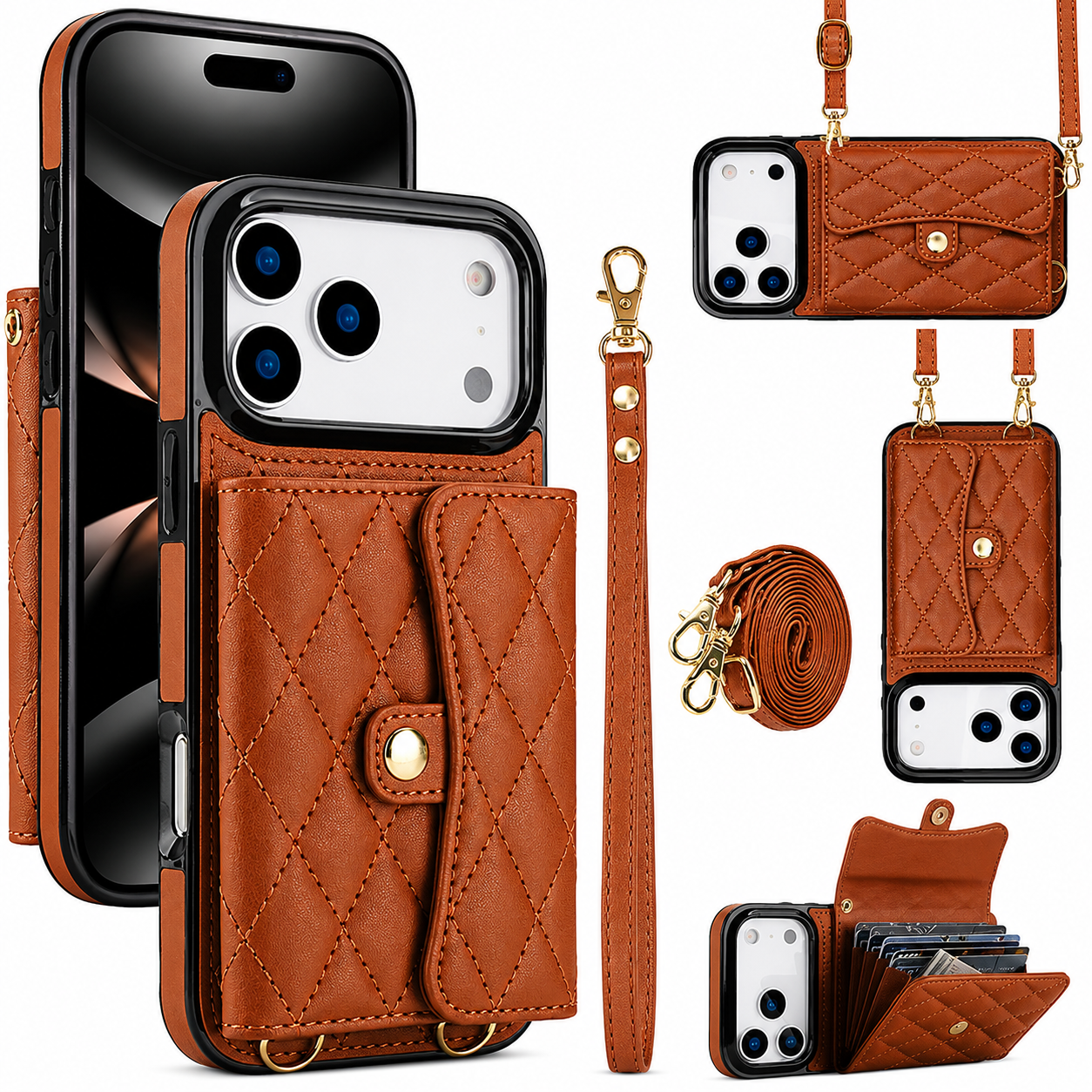 Premium iPhone Case Crossbody Leather Wallet Cover Wrist Shoulder Strap Card Coin Storage Shockproof Protection