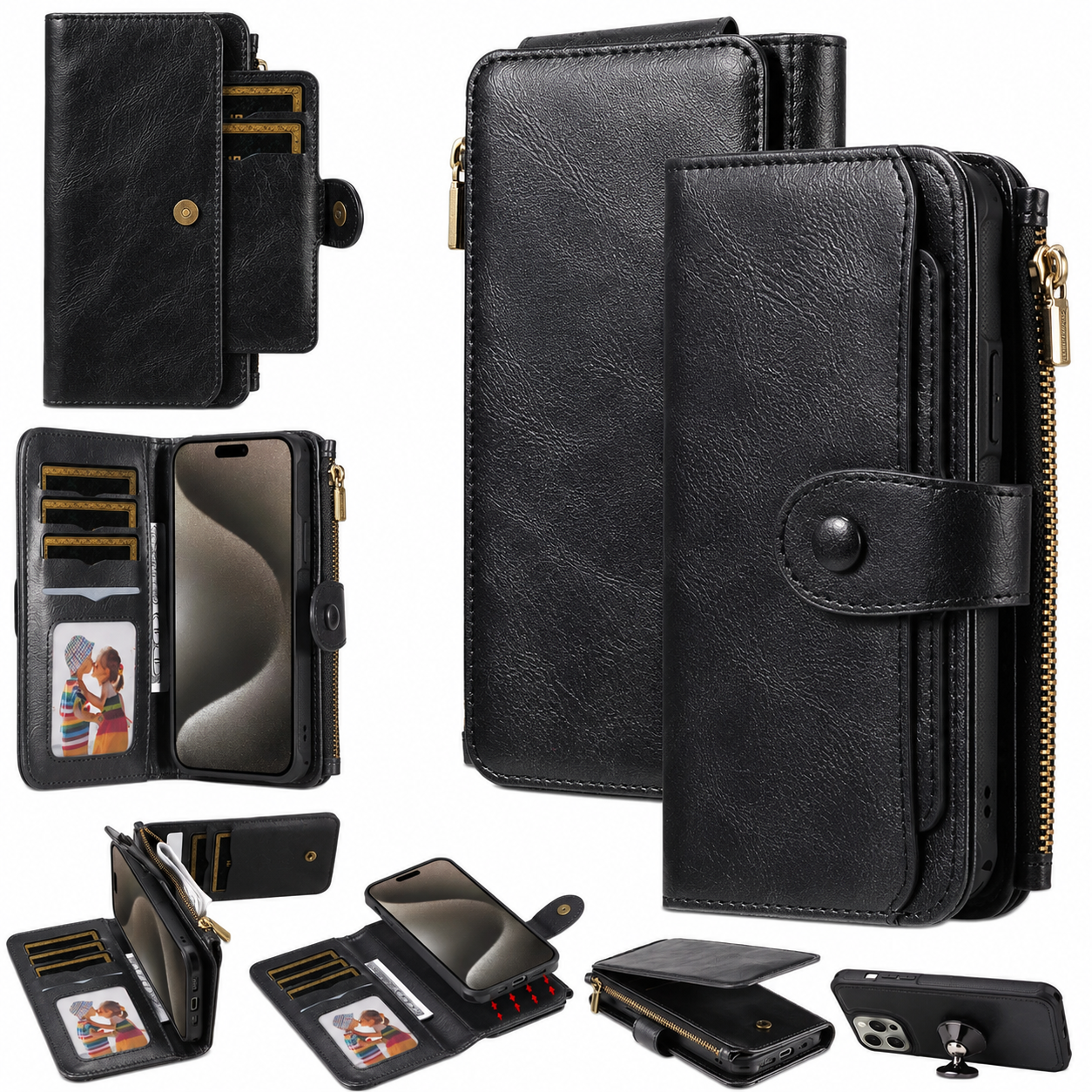 Premium iPhone Case Detachable Retro PU Leather Zipper Wallet Cover Card Slots Shockproof Protection