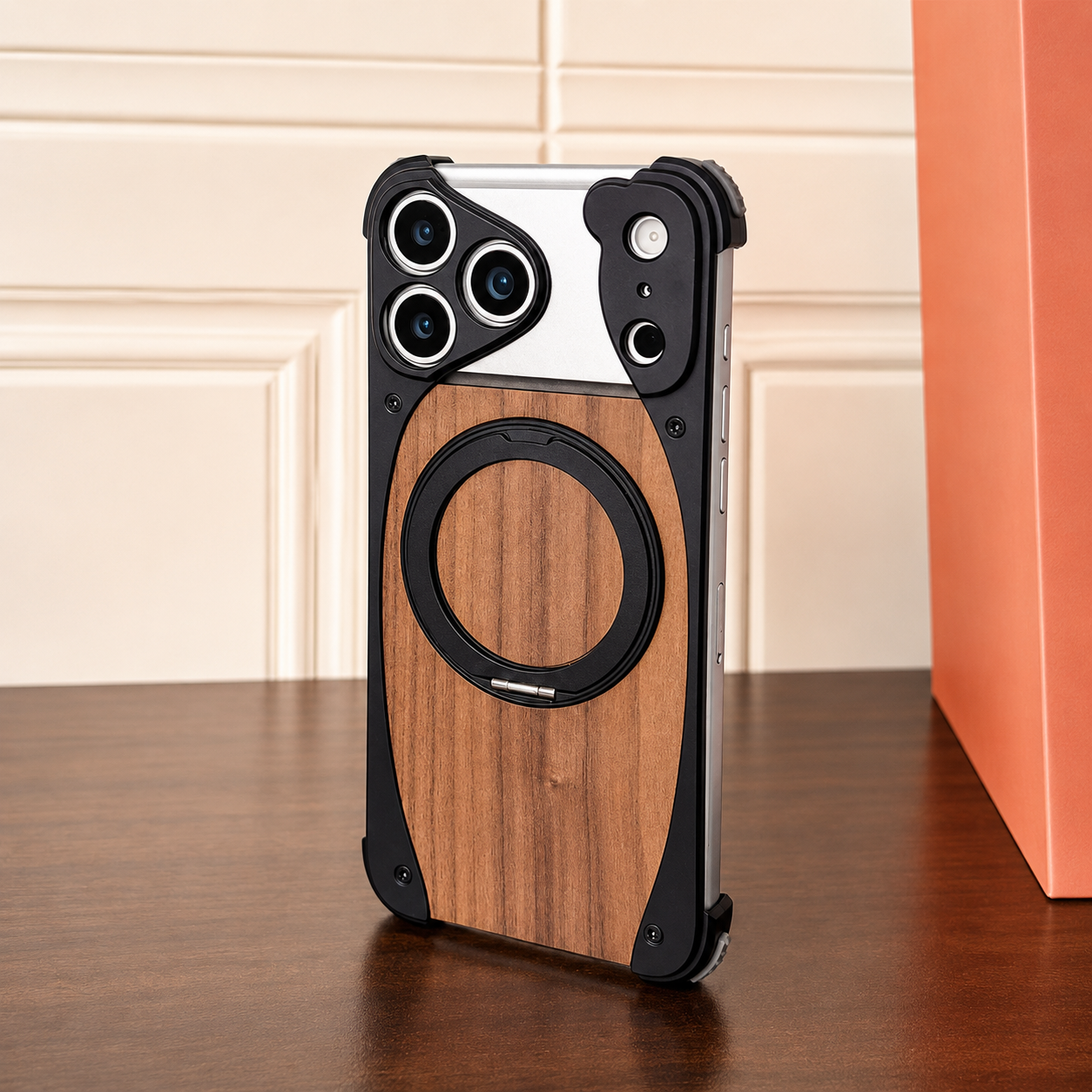 Premium iPhone Case MagSafe Compatible Walnut Wood Aluminum Cover Shockproof Protection