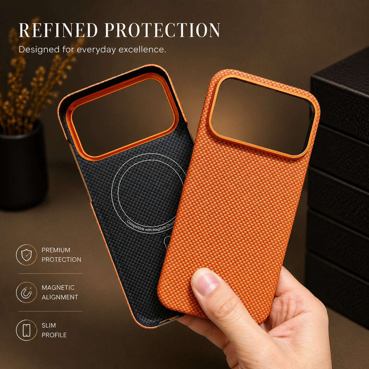 Premium iPhone Case Magnetic Carbon Aramid Fiber Cover Kevlar Shockproof Full Body Protective Design
