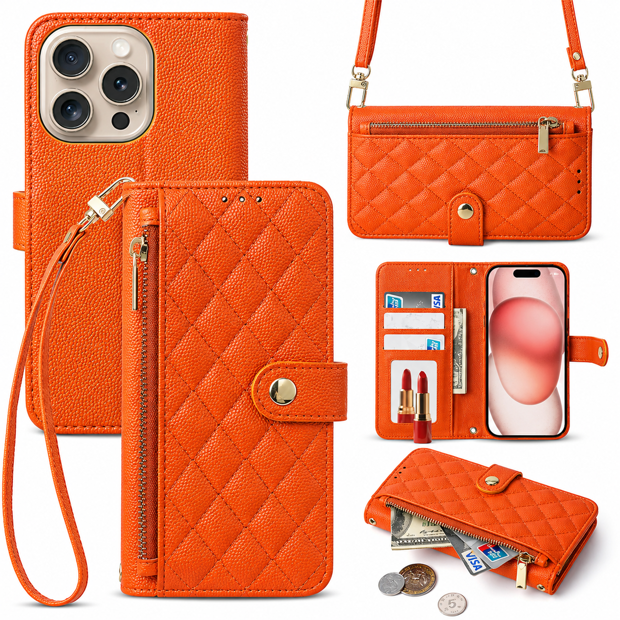 Premium iPhone Case Crossbody Leather Wallet Cover with Card Holder Lanyard Strap Anti Scratch Non Slip Protective PU Design