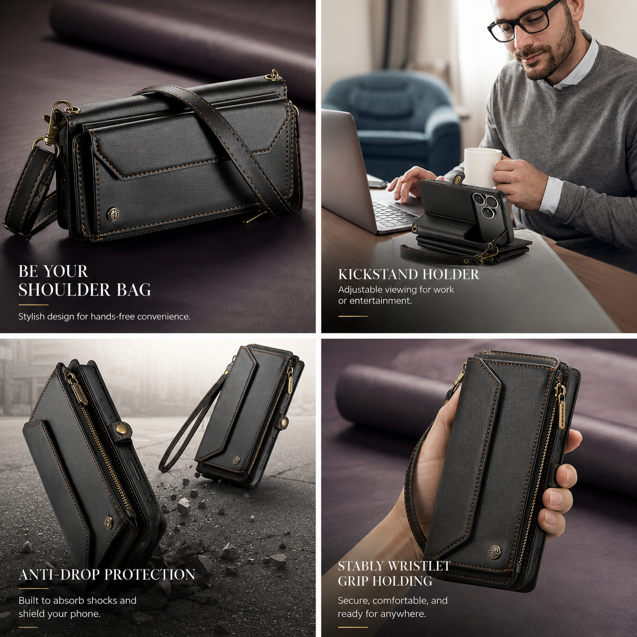 Premium iPhone Case Crossbody PU Leather Wallet Flip Cover with RFID Blocking 7 To 10 Card Slots Wristlet Strap Shockproof Full Body Protection