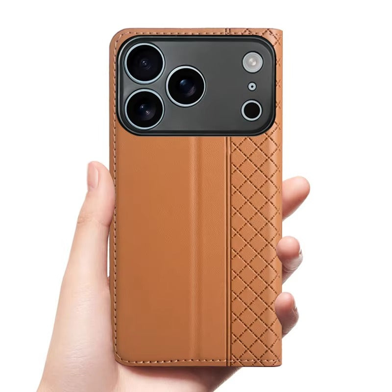 Premium iPhone Case Magnetic Flip Wallet Cover with Grid Pattern Cowhide Leather Kickstand Function Full Protection TPU Bumper Design