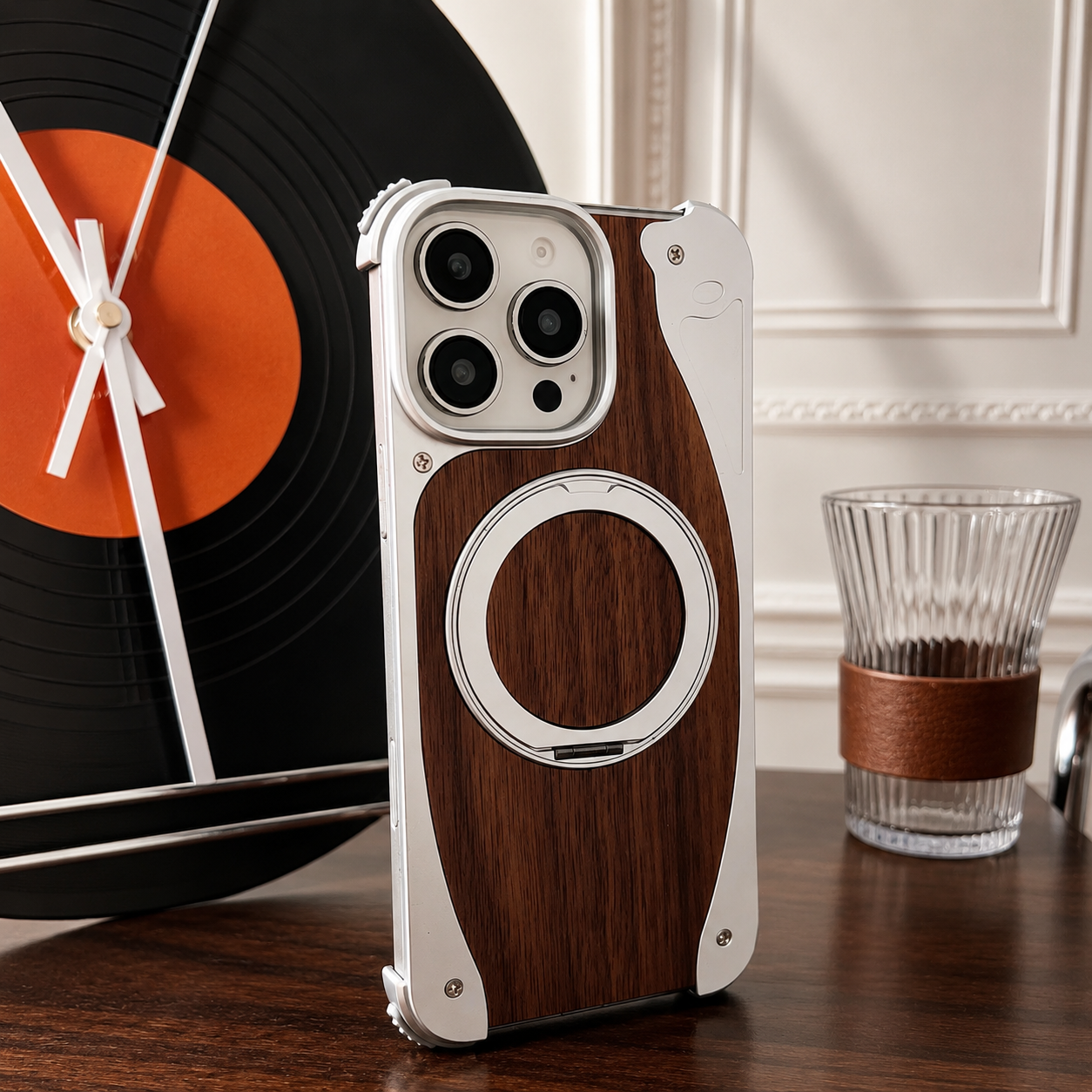Premium iPhone Case Walnut Wood Metal Frame Cover MagSafe Compatible Rotating Ring Stand Shockproof Luxury Protective Case