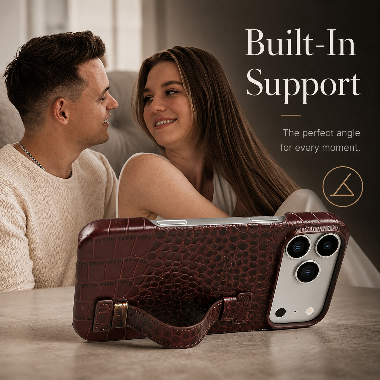 Premium iPhone Case Genuine Leather Wrist Strap Kickstand Crocodile Pattern Shockproof Protective Cover Luxury Full Coverage Case
