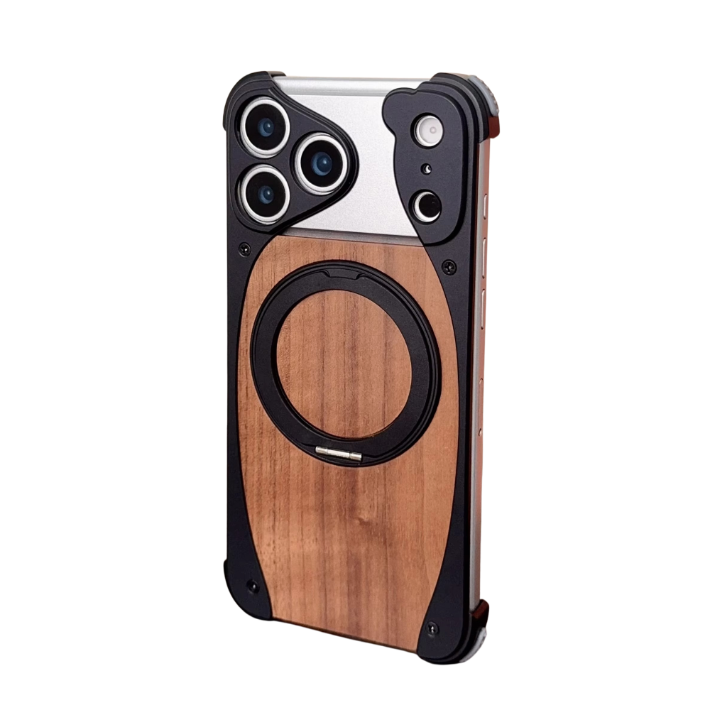 Premium iPhone Case Walnut Wood Metal Frame Cover MagSafe Compatible Rotating Ring Stand Shockproof Luxury Protective Case
