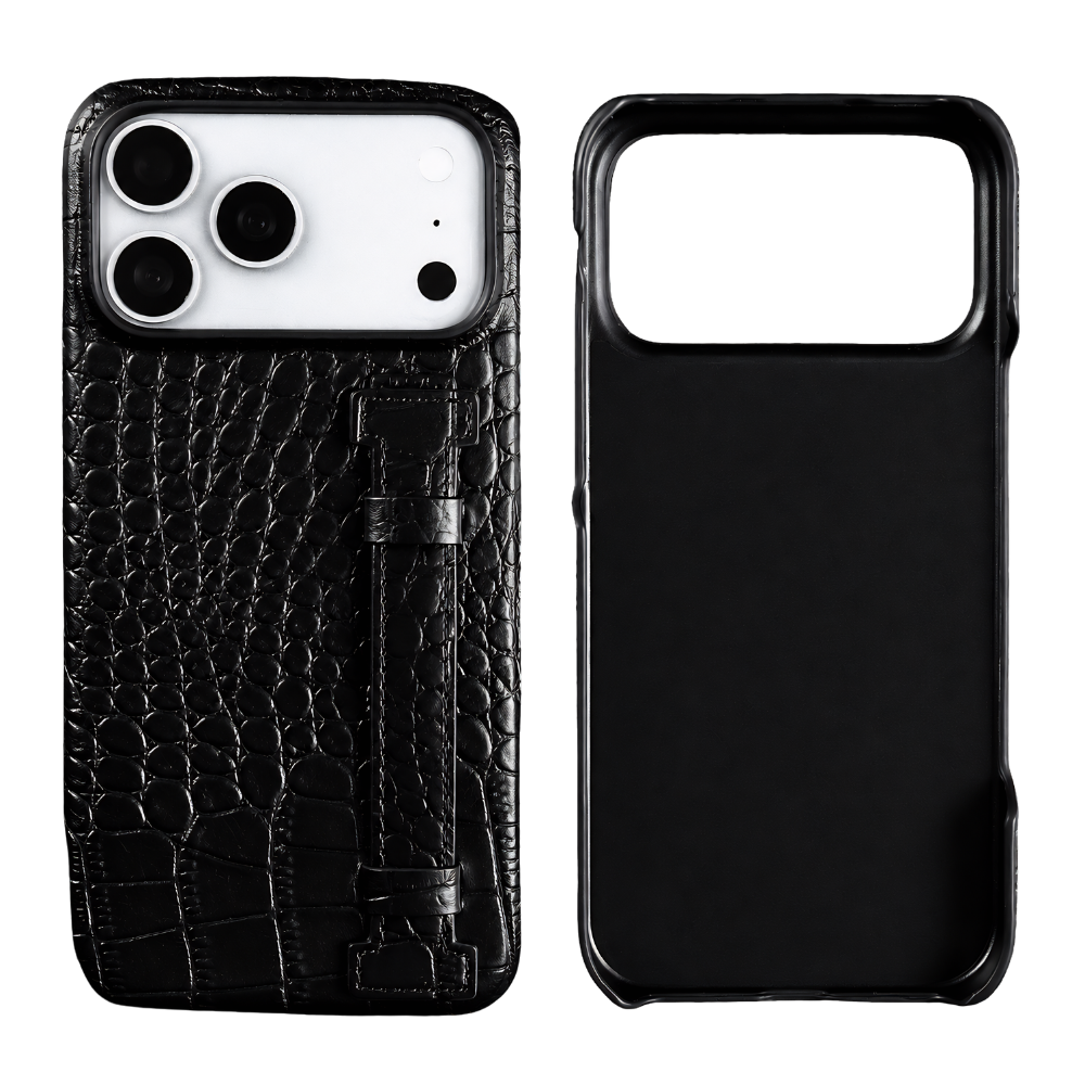 Premium iPhone Case Genuine Leather Wrist Strap Kickstand Crocodile Pattern Shockproof Protective Cover Luxury Full Coverage Case