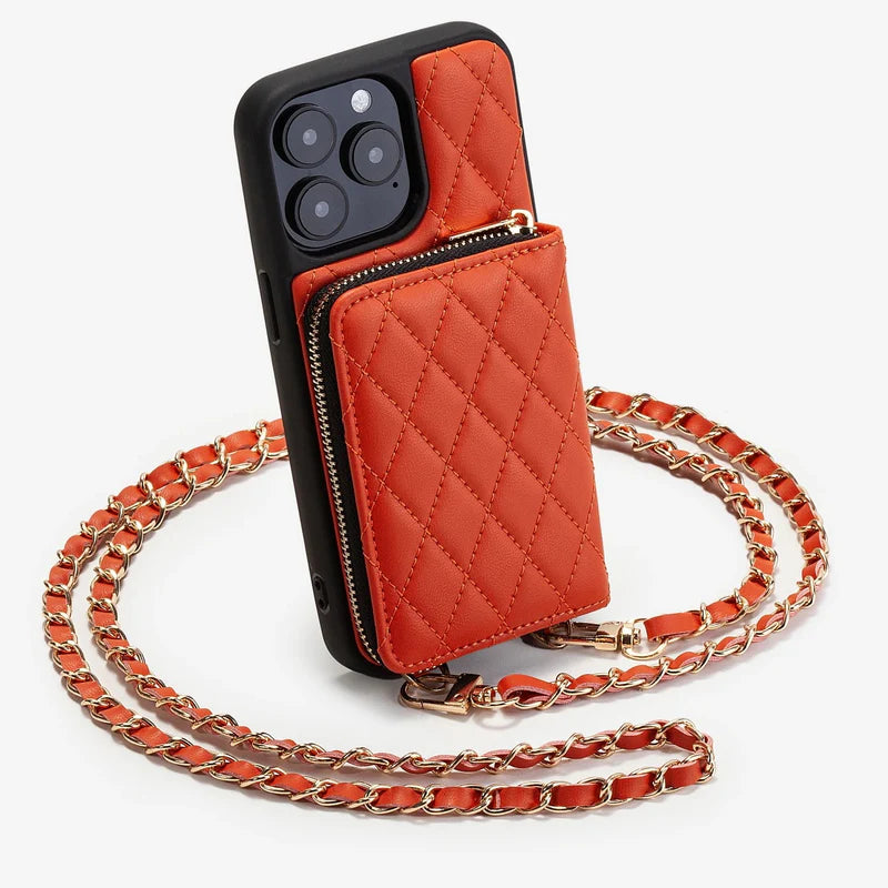 Premium iPhone Case Crossbody Leather Card Bag Diamond Stitch Chain Strap Shockproof Non Slip Portable Protective Cover