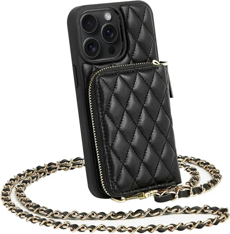 Premium iPhone Case Crossbody Leather Card Bag Diamond Stitch Chain Strap Shockproof Non Slip Portable Protective Cover