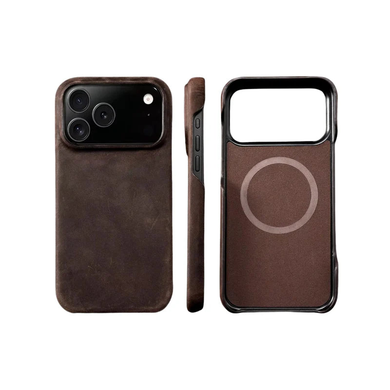 Premium iPhone Case Genuine Cowhide Leather Pull Up Cover Retro Magnetic MagSafe Shockproof Full Back Protection
