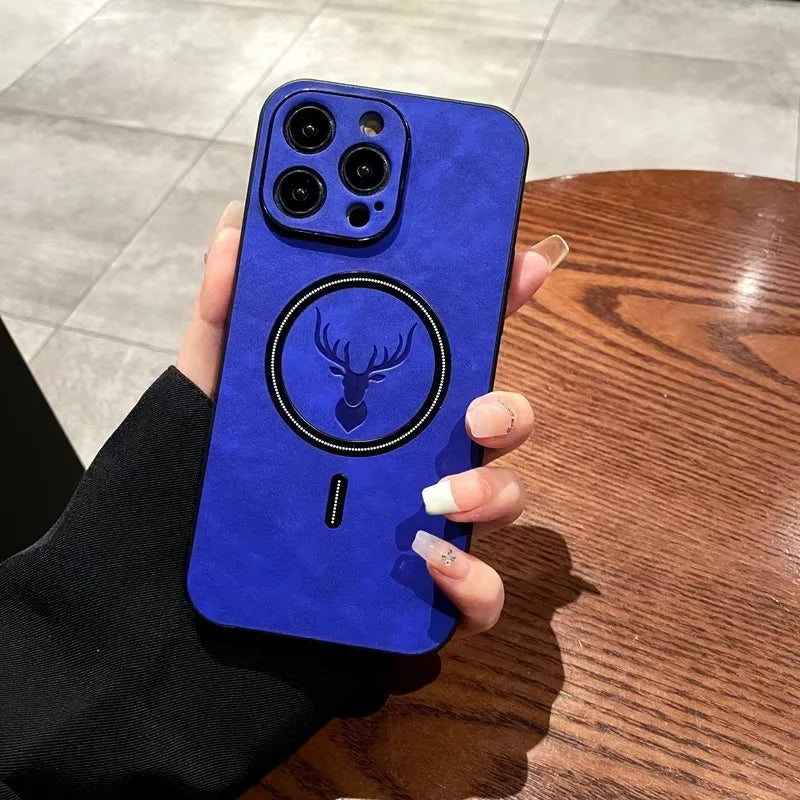Premium iPhone Case Magnetic Deer Head Leather Cover Wireless Charging Compatible Shockproof Soft Protective Case with Matte Anti Fingerprint Finish