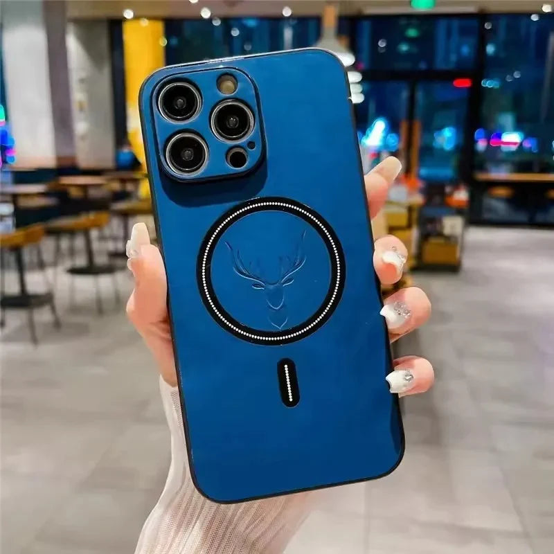 Premium iPhone Case Magnetic Deer Head Leather Cover Wireless Charging Compatible Shockproof Soft Protective Case with Matte Anti Fingerprint Finish