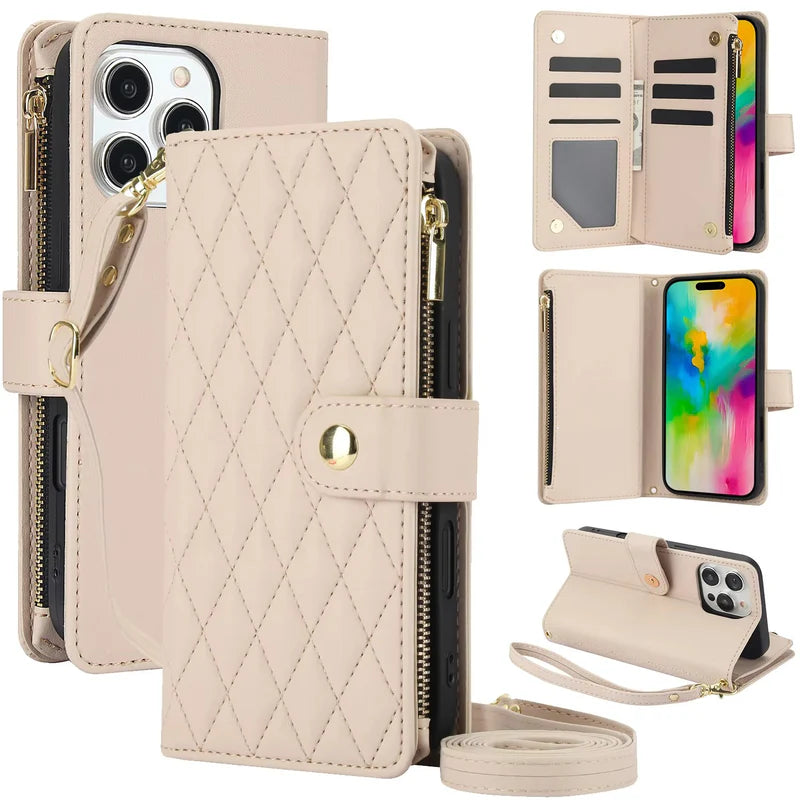 Premium iPhone Case Chain Zipper Wallet Flip Cover 6 Card Slots Magnetic Shockproof Leather Protection