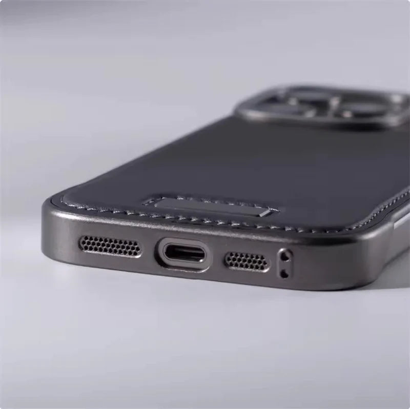 Premium iPhone Case Ultra Thin Borderless PU Leather Magnetic Shockproof Cover with Metal Lens Frame Non Slip Matte Protective Design